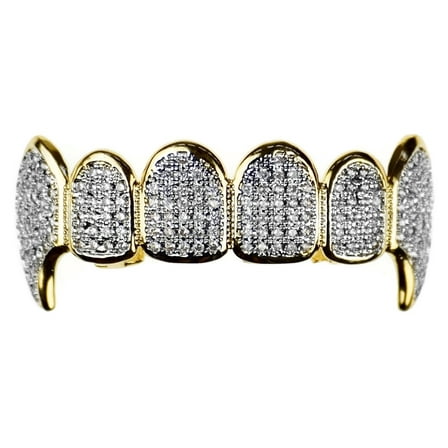 CZ Fang Grillz 14K Gold Plated With Silver Tone Cubic Zirconia Bling Vampire Fangs Upper Top Dracula Teeth Hip Hop Grills