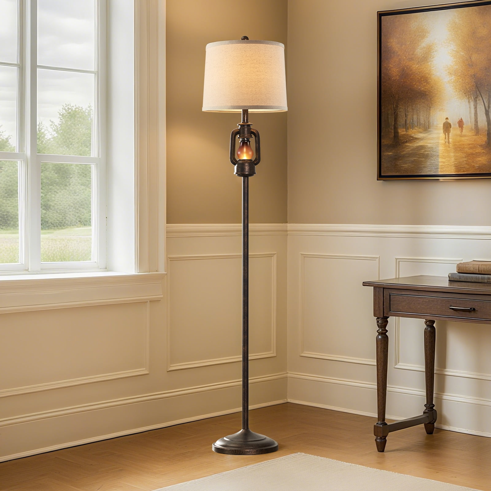 JUJUYUYOP 63" Linen Lampshade Vintage Country Farmhouse Style Floor Lamp with Lantern Night Light, Suitable for Living Room, Bedroom, and Office (Bulb Included)