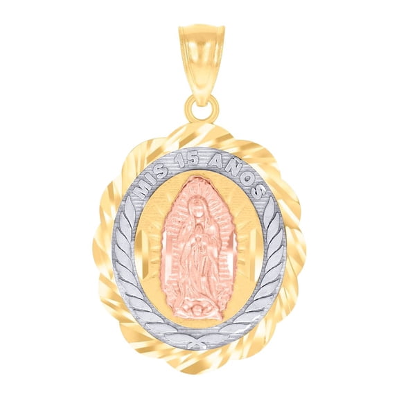 14k Gold Womens Tri-color Dc Mis 15 Anos Guadalupe Oval Quinceanera Height 29.2mm Pendant Necklace Charm Pendant for Wom