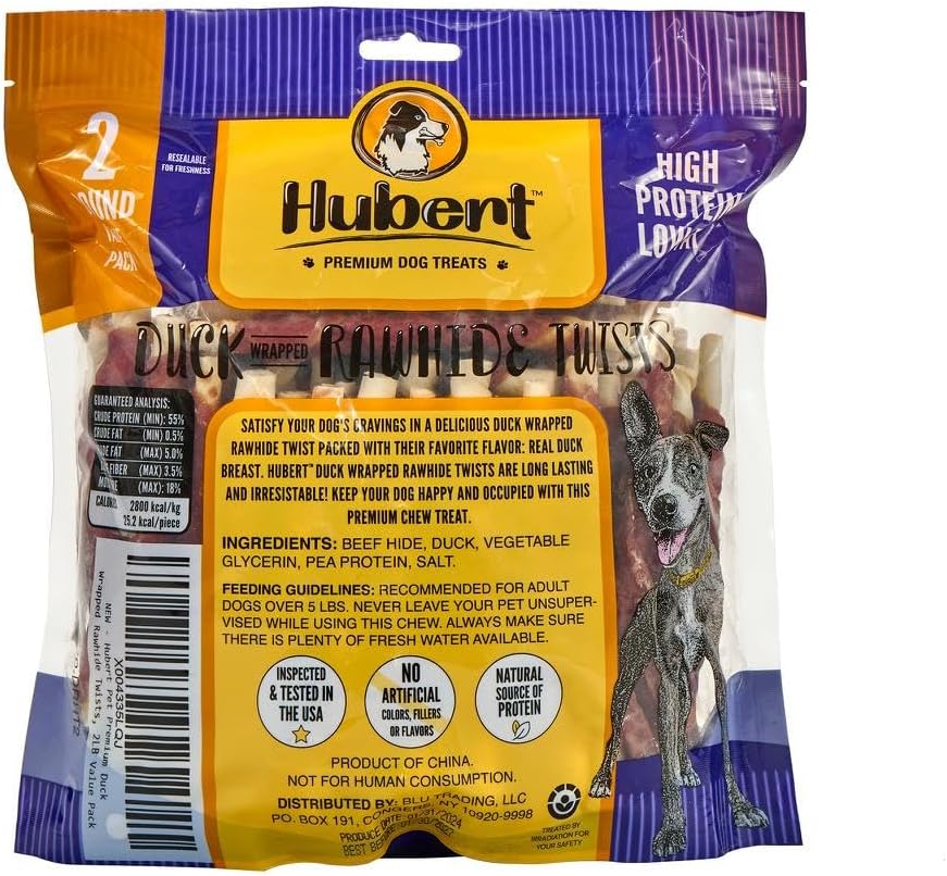 Hubert Pet Gourmet Duck Wrapped Rawhide Twists Natural Dog Treats, Grain Free, Low Ingredient, USA Tested -2 lb Resealable Value Pack