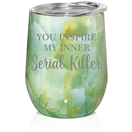 

12 oz Double Wall Vacuum Insulated Stainless Steel Stemless Wine Tumbler Glass Coffee Travel Mug With Lid You Inspire My Inner Serial Killer Funny True Crime (Turquoise Green Marble)