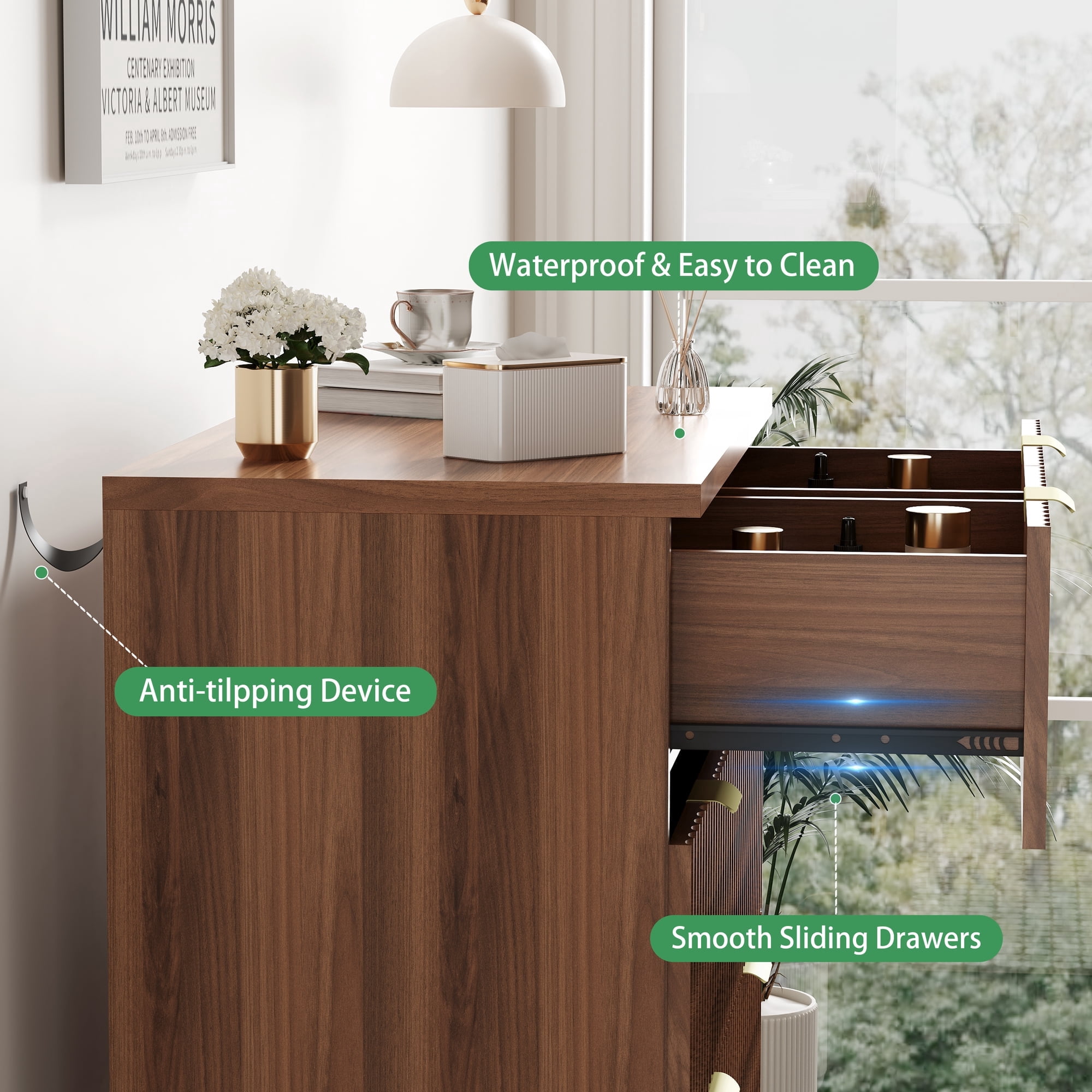 FANRAL Tall 6 Drawers Dresser Fluted Dresser for Bedroom,Wooden Chest of Drawers Modern Dresser for Closet,Walnut Dresser