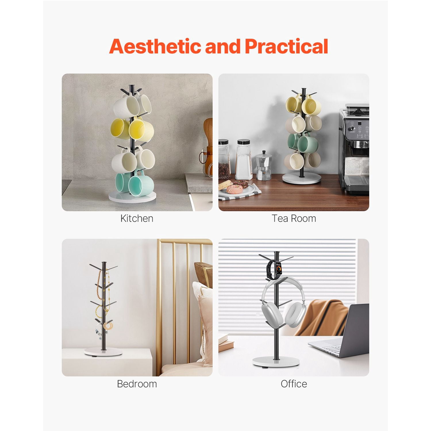 Mug Tree Holder 8 Mugs Capacity Marble Base Carbon Steel for Kitchen Office Coffee Mug Display