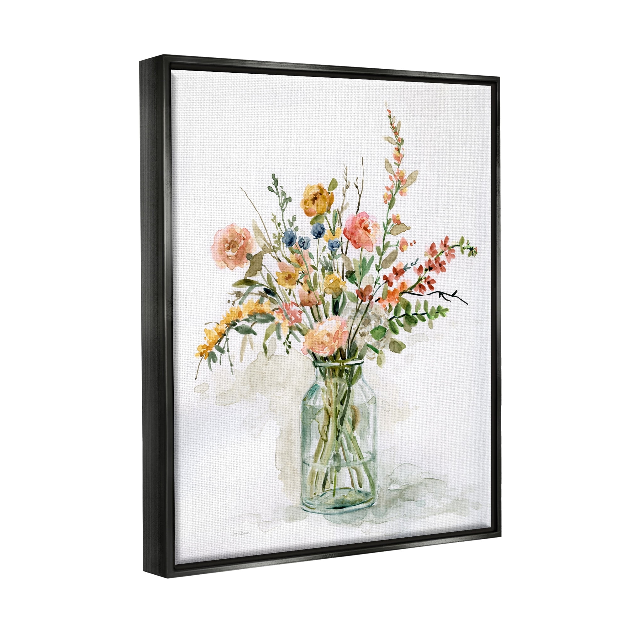 Stupell Industries Country Meadow Roses Floral Bouquet Watercolor Still Life Jet Black Framed Floating Canvas Wall Art, 24x30, by Carol Robinson