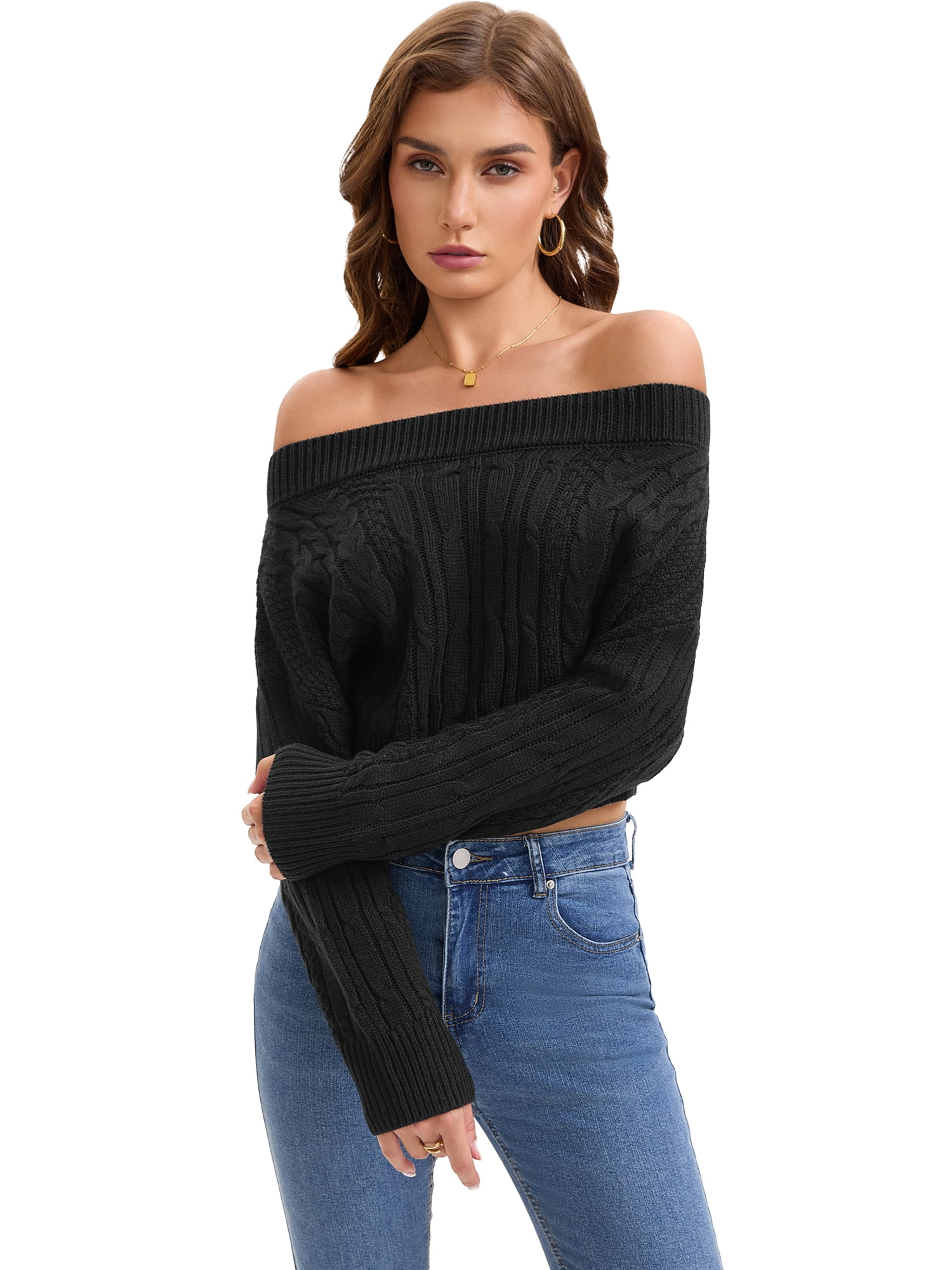 DARING DIVA Women's Off Shoulder Cable Knit Cropped Batwing Long Sleeve Sweater S Black