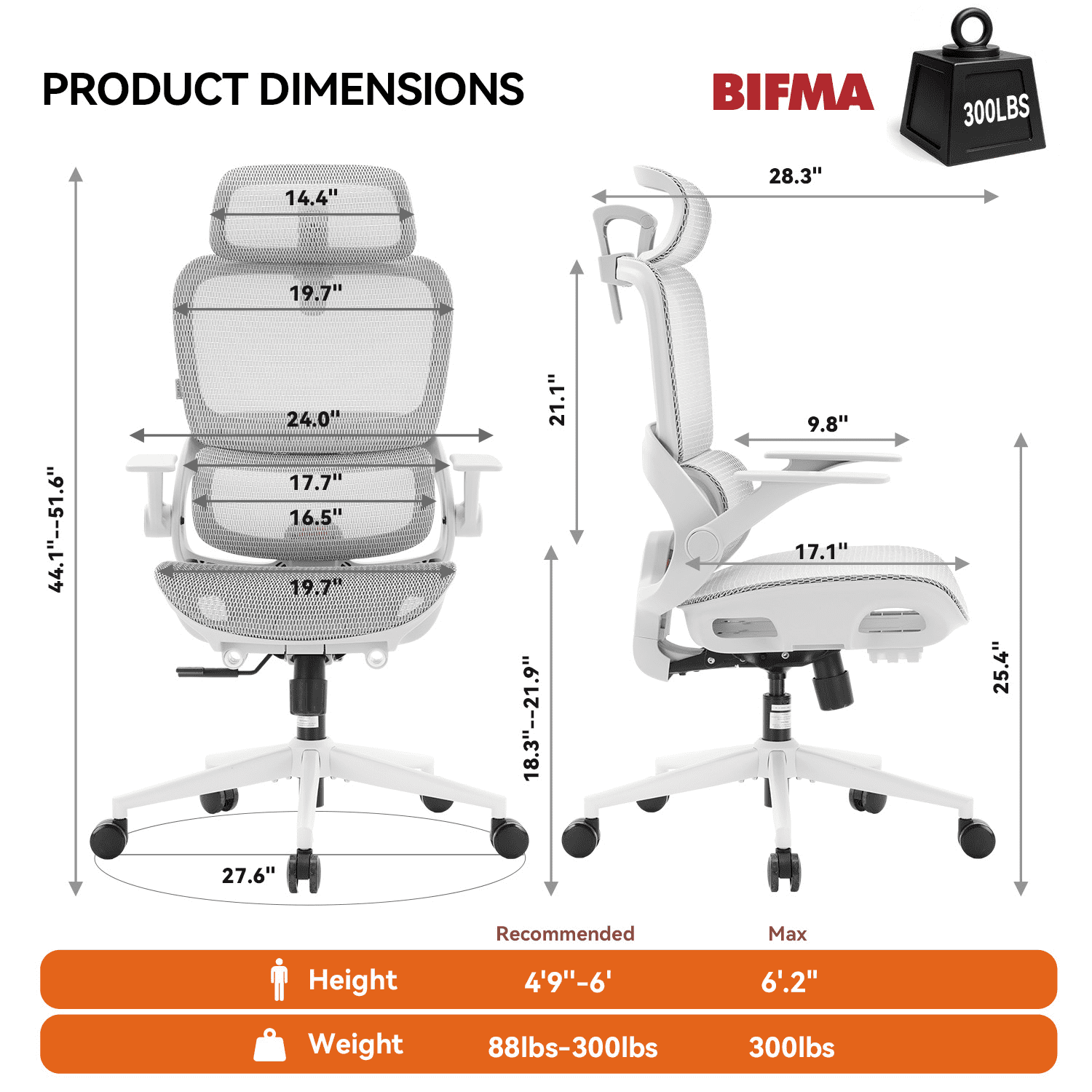 SIHOO B100 Ergonomic Office Chair, Task Chair with Zoned Back Support, 2D Wide Headrest Study Chair for Teenager, High Back Executive Chair for Home Office, White