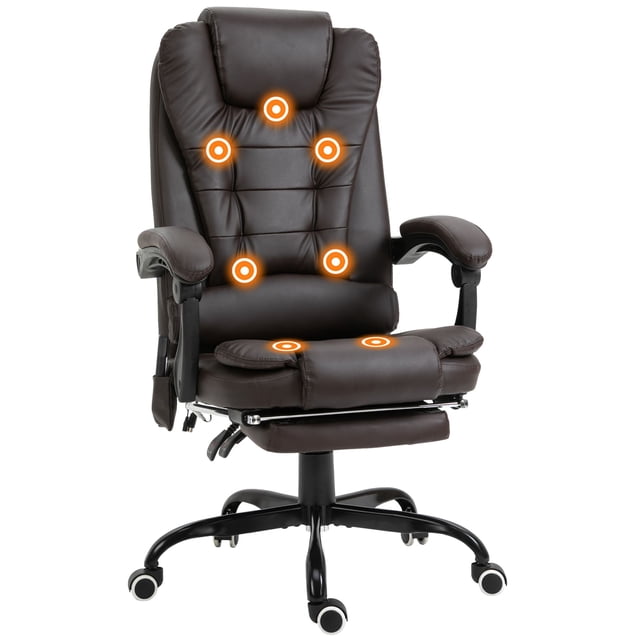 Chaise de Bureau à Massage Vibrant à 7 Points, Chaise de Direction Inclinable en Similicuir Brun avec Repose-Pieds Rétractable, Inclinaison à 155°, Hauteur Réglable pour la Maison Ou le Bureau