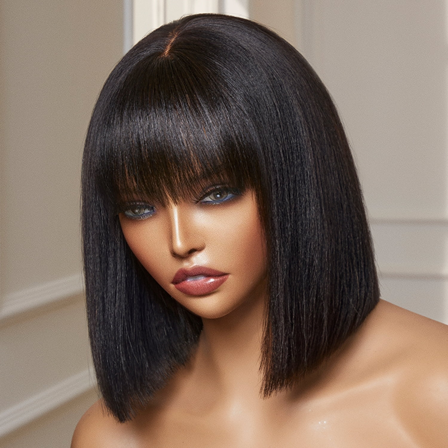 LUVME 10'' Natural Black 100% Human Hair Minimalist Glueless Yaki Bob Bangs Wig 1 Piece