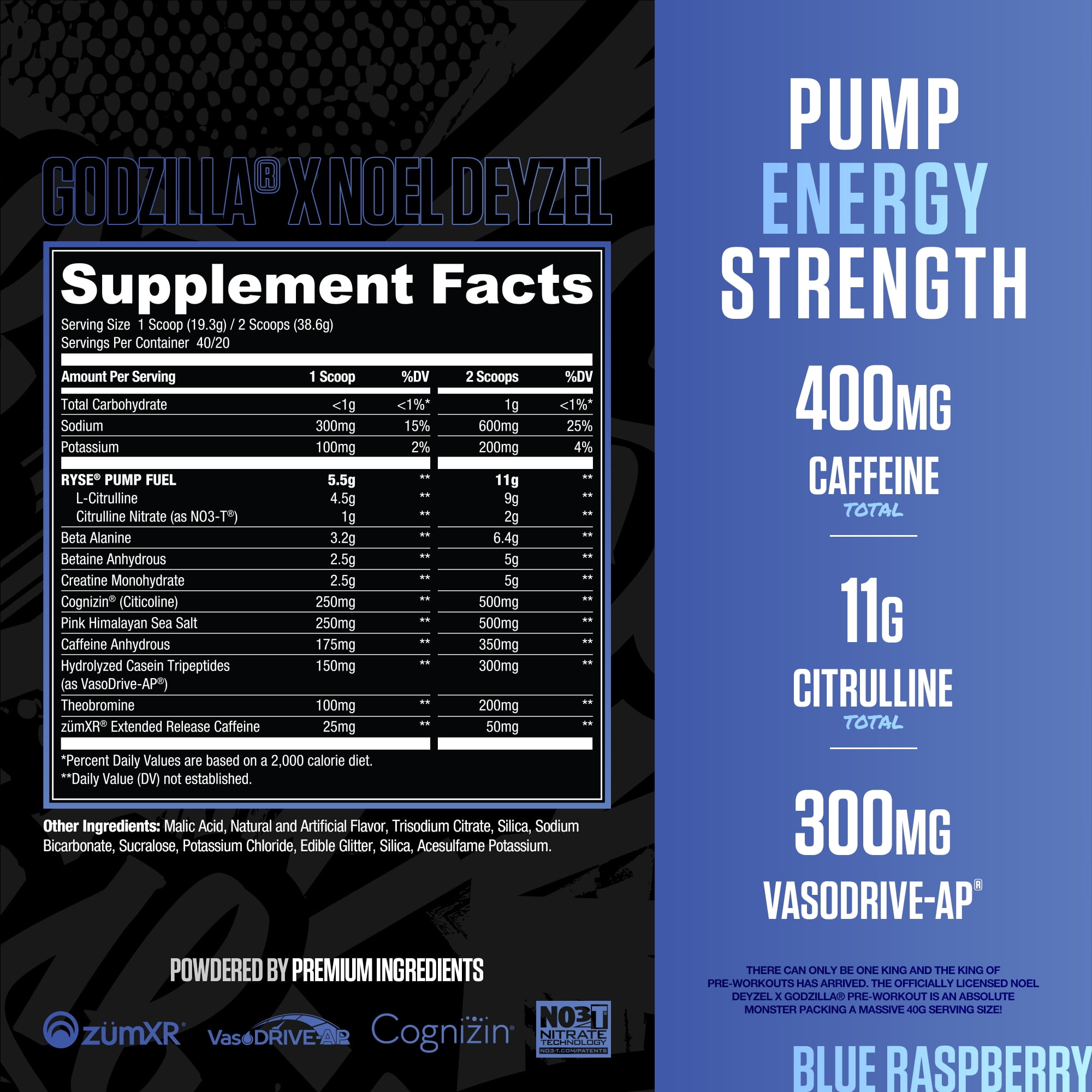 RYSE Godzilla X Noel Deyzel Pre Workout Powder - Blue Raspberry - 20/40 Servings