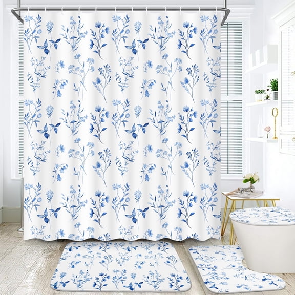 FRAMICS 16-Piece Watercolor Floral Shower Curtain Sets with Rugs, Blue Botanical Bathroom Sets, Waterproof Fabric Bathroom Curtain Decor with Hooks