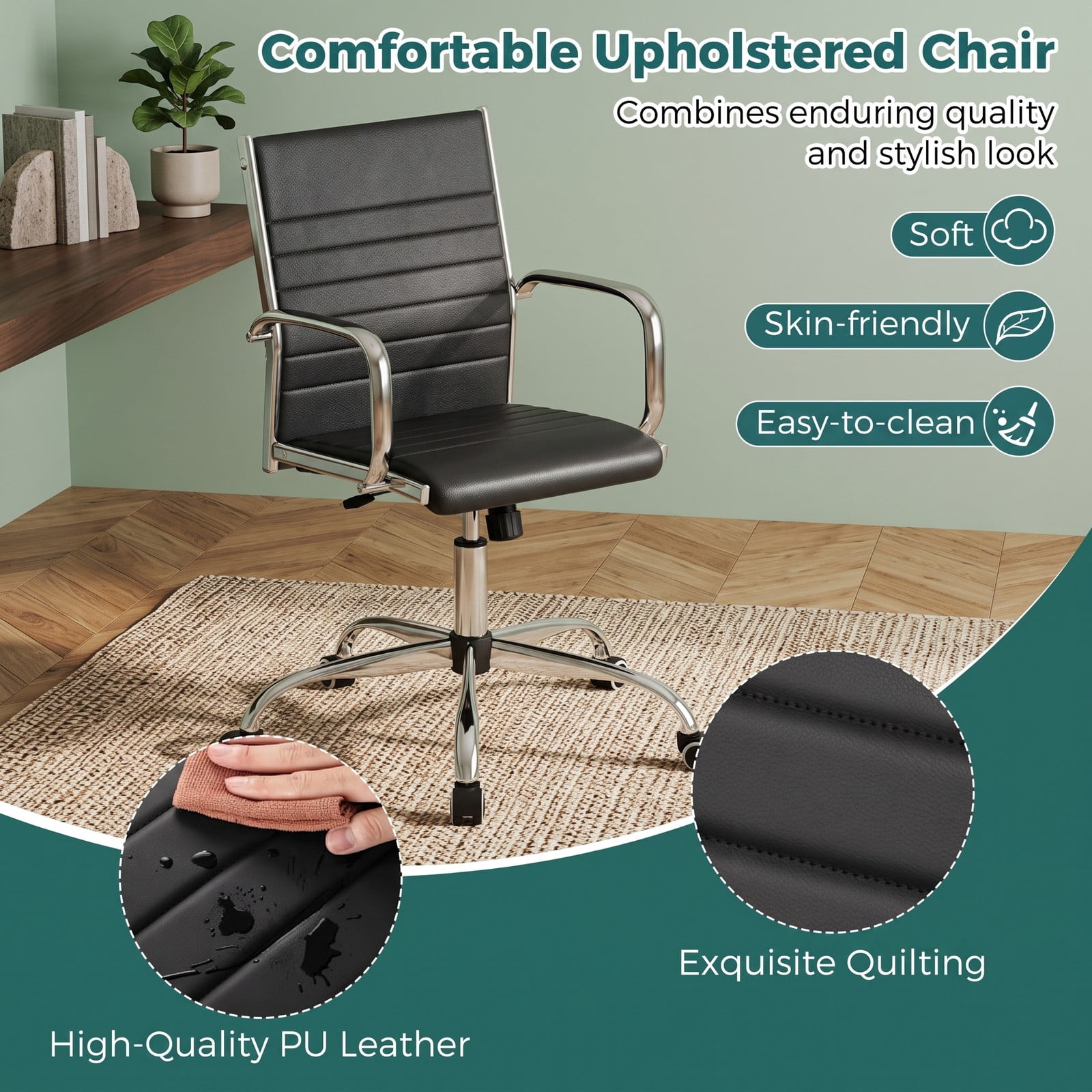 Furnibear High Back Ribbed Office Chair, Ergonomic Executive Desk Chair with Padded PU Leather, Adjustable Height, 360 Swivel, Rocking Backrest and Armrests for, Black
