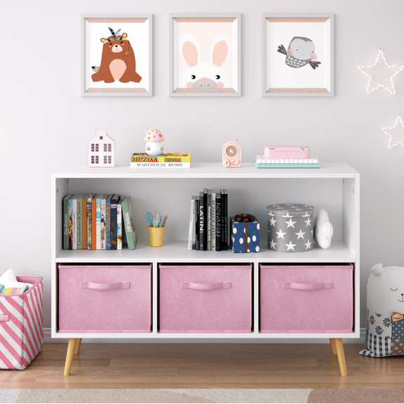Aukfa Kids Bookcase with 3 Collapsible Drawers, Display Stand Toy Storage Organizer for Bedroom/Playroom,Pink