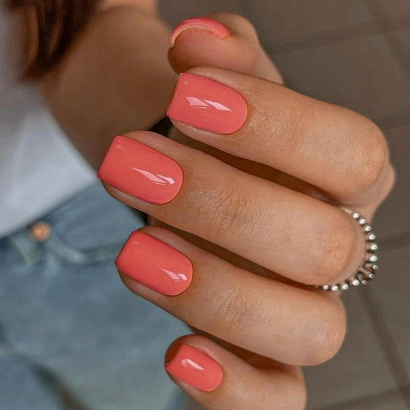 TRAHOO-Coral Orange Press on Nails Short Square, Short Fake Nails Glue on, Short Square Nails Press ons, False Nails Press on, Glue on Nails Short Stick on Nails for Women and Girls 24PCS