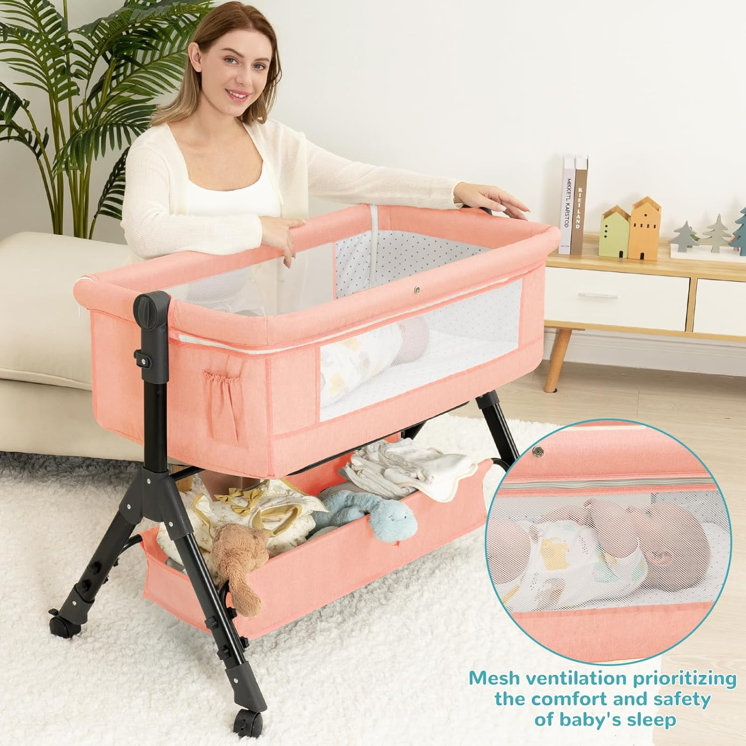 Infant Bassinet Sleeper, Adjustable Bedside Sleeper, Lightweight and Convenient, Comfortable Mattress with Wheels and Storage Basket - Pink