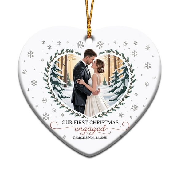 Photo Engaged Christmas Ornament, Custom Gift Christmas Ornament 2025, Gifts for Couple Mr & Mrs, Custom Name Text 1st Christmas Picture Year, Heart Christmas Ornament