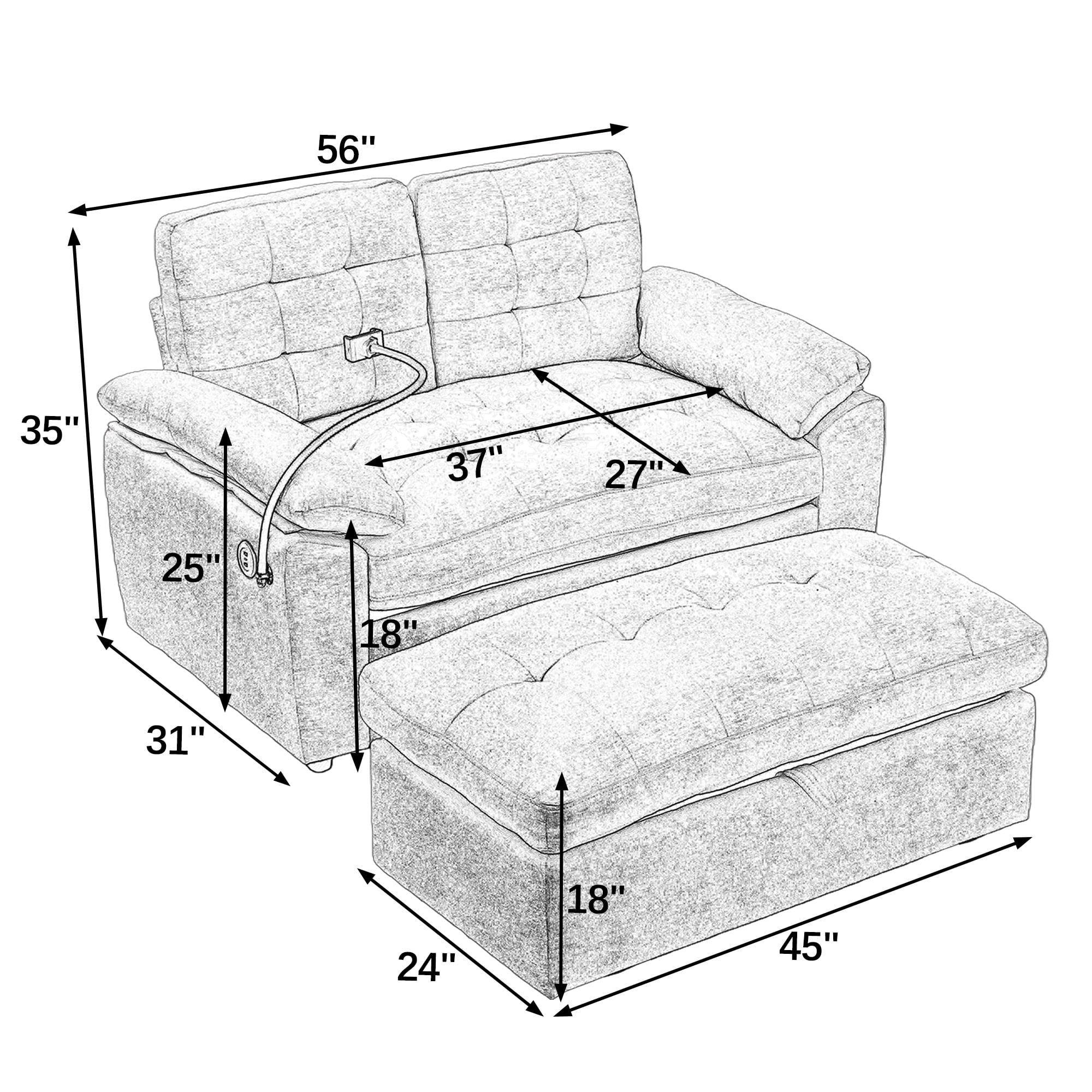 2PCS Double Leisure Sofa Chair w/ Storage Ottoman, Sofa Chaise Recliner w/ Adjustable Backrest, Padded Armchair Set w/ Phone Holder