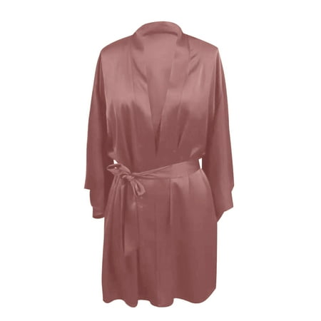 Bcresic Women s Sexy Lingerie Satin Robe Lace Chemise Long Sleeve Nightgowns Plain Sleepwear Comfy Loungewear Lapel Nightwear for Ladies Clearance Saving Pink Large