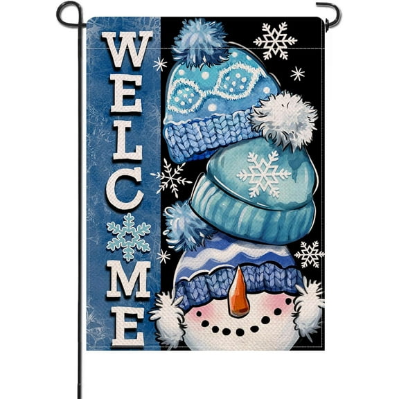 SM-XLHN Welcome Winter Snowman Small Decorative Garden Flag, Christmas Blue Hat Snowflake Yard Lawn Outside Decor, Seasonal Burlap Outdoor Home Decoration Double Sided 12 x 18