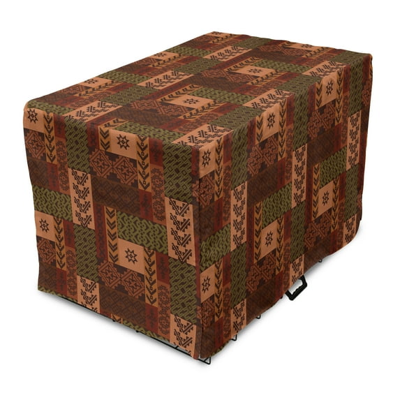 Geometric Dog Crate Cover, Style Geometric Folk Design Geometric Floral Motifs Print, Easy to Use Pet Kennel Cover Small Dogs Puppies Kittens, 7 Sizes, Pink Green and Brown, by Ambesonne