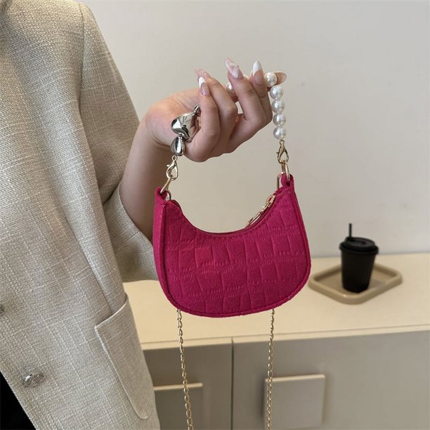 Bolso de mano para mujer, Bolso de fieltro para axilas, Bolso de media luna perlado, Bolso de mano sólidos (rojo rosa)