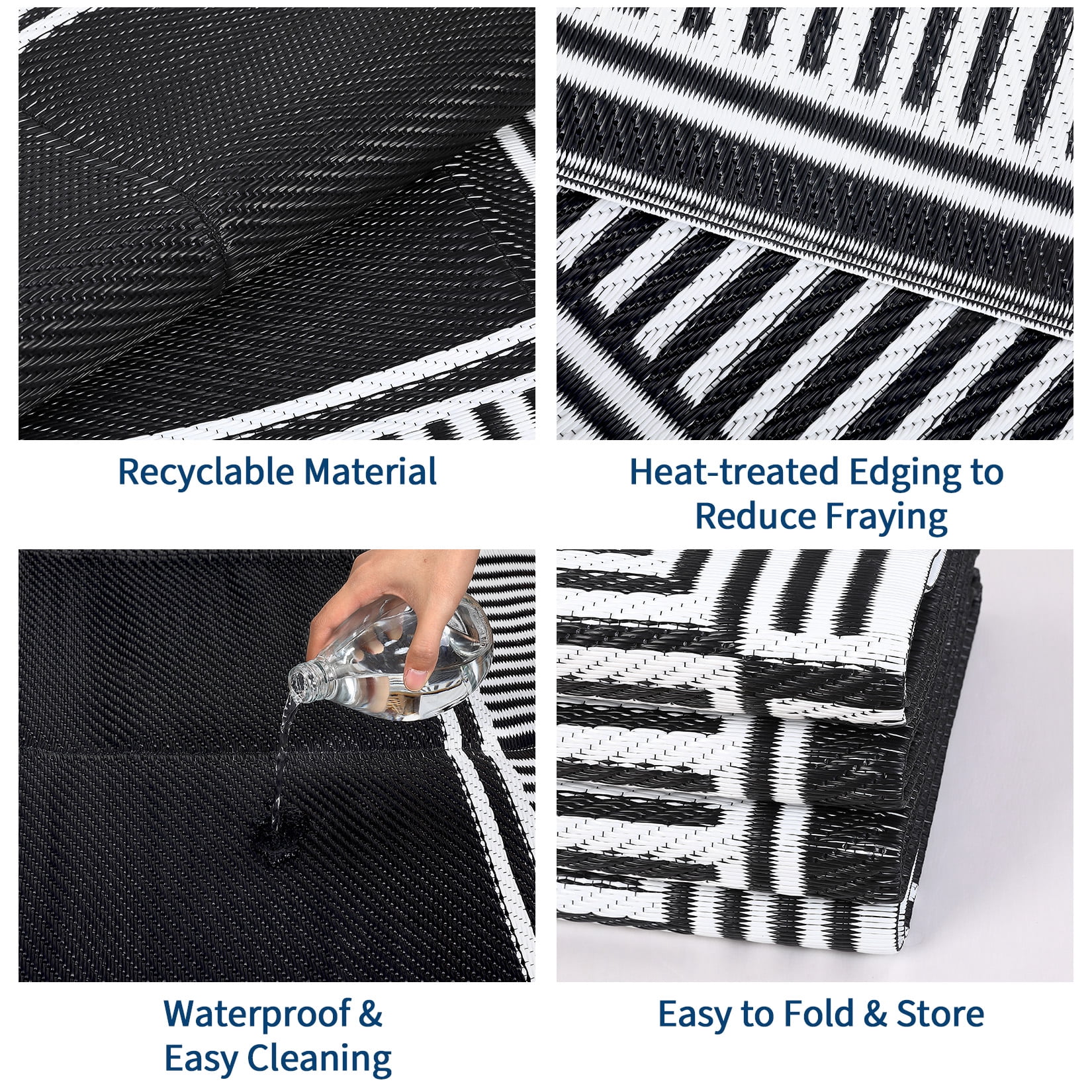 HIWEAVER 10' x 14' Black/White Outdoor Rug PP Plastic Straw Woven Waterproof Patio Rug with Border Portable Outside Carpet for Balcony Deck Picnic Garden Decor