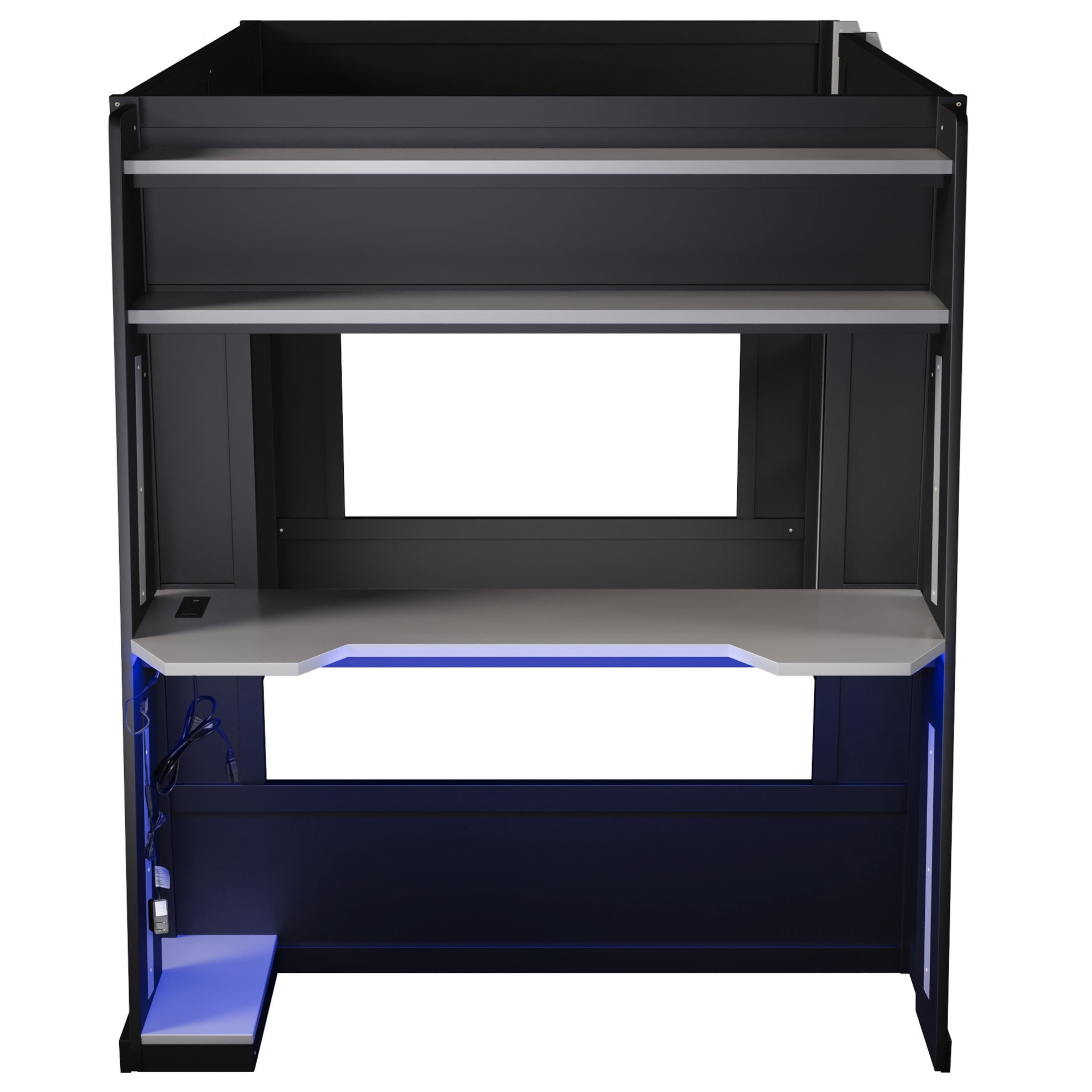 Noble House Nira Queen Gaming Bunk Bed with Desk and LED Lights, Wood Loft Bed with Charging Ports, Black and Gray