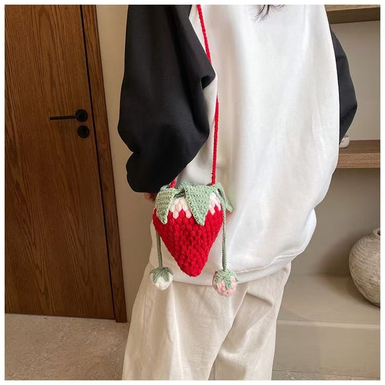 Handmade Strawberry Crochet Drawstring Bag