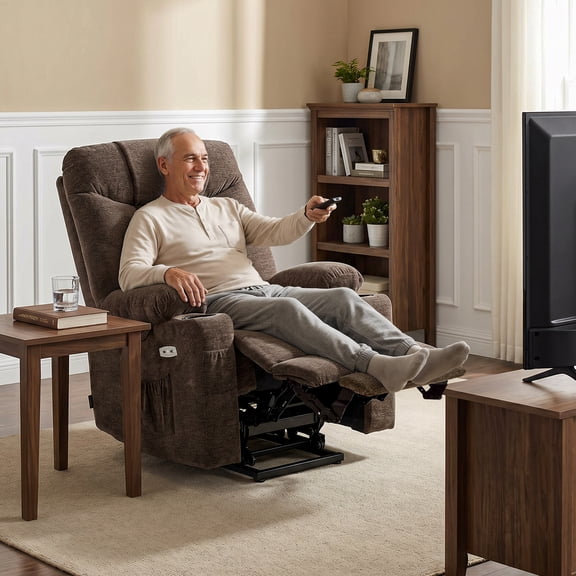 MCombo Large Power Lift Recliner Chair with Extended Footrest for 5'7"-6'2" Elderly People, Fabric, Brown