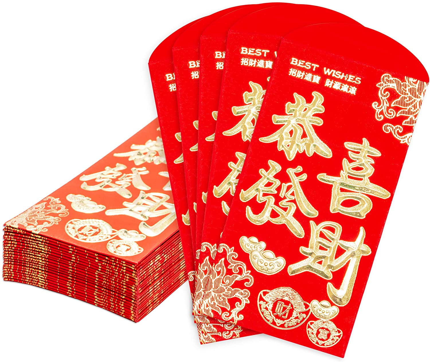 Chinese New Year Red Envelopes Gift Money Envelopes 25-Count Chinese Red Packets Hong Bao with Gold Foil Design Gong Xi FA CAI 3.5 x 6.4 Inches 