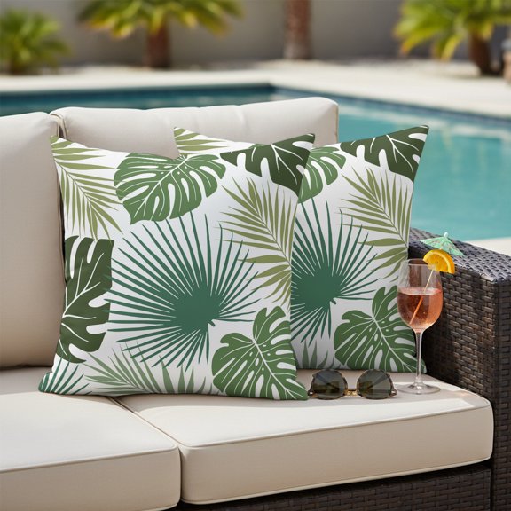 Summer Palm Leaf Outdoor Waterproof Throw Pillow Covers Set of 2, 26"x26", Country Tropical Botanical Green Monstera Leaves Decorative Pillow Covers Outside Cushion Case for Patio Porch Garden