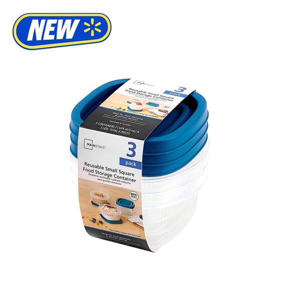 Mainstays Reusable Food Storage Container, Small Square, Plastic, 3-Pack, 3 Containers with Lids, 2 Cups, Ideal for Snacks and Fresh Ingredients