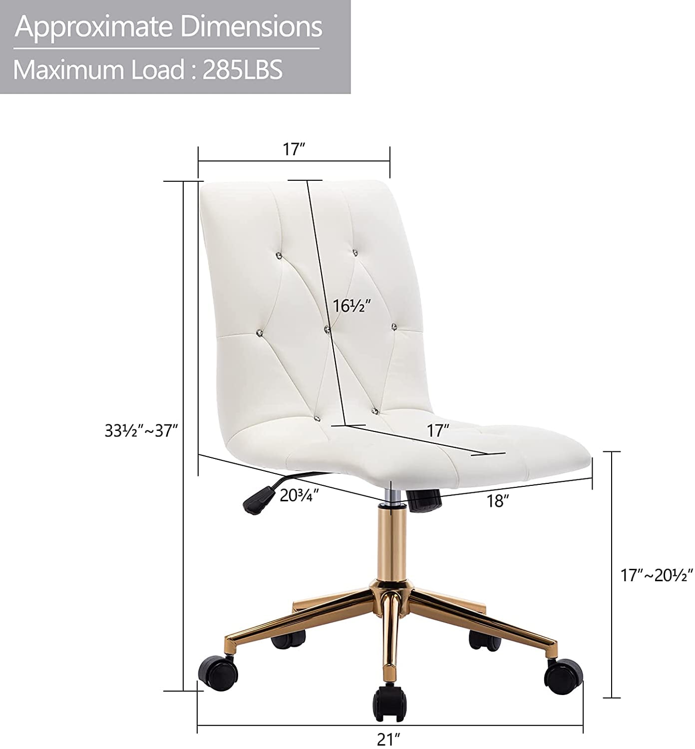 Duhome Office Chair Desk Chair Faux Leather Tufted Computer Chair Bedroom Task Chair Vanity Chair with Wheels for Teen Girls, White and Gold
