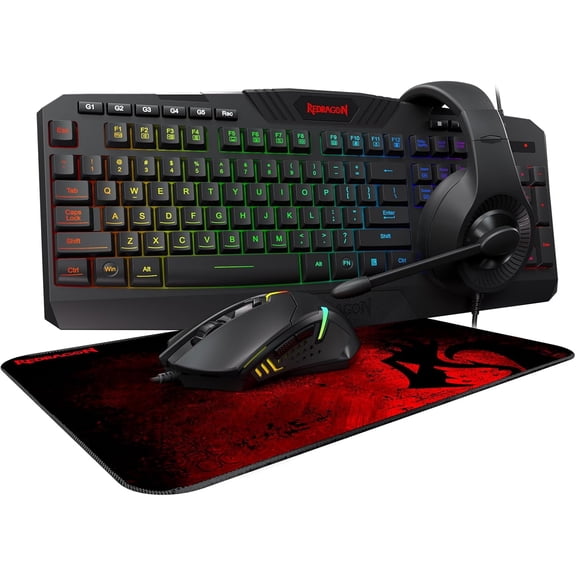 Wired RGB Backlit Gaming Keyboard and Mouse Pad, Gaming Headset Combo, 4 in 1 Wired Programable Gaming Mouse, Sports Gaming Keyboard and Mouse Headset Set, compatible with PC/Windows/PS5/PS4