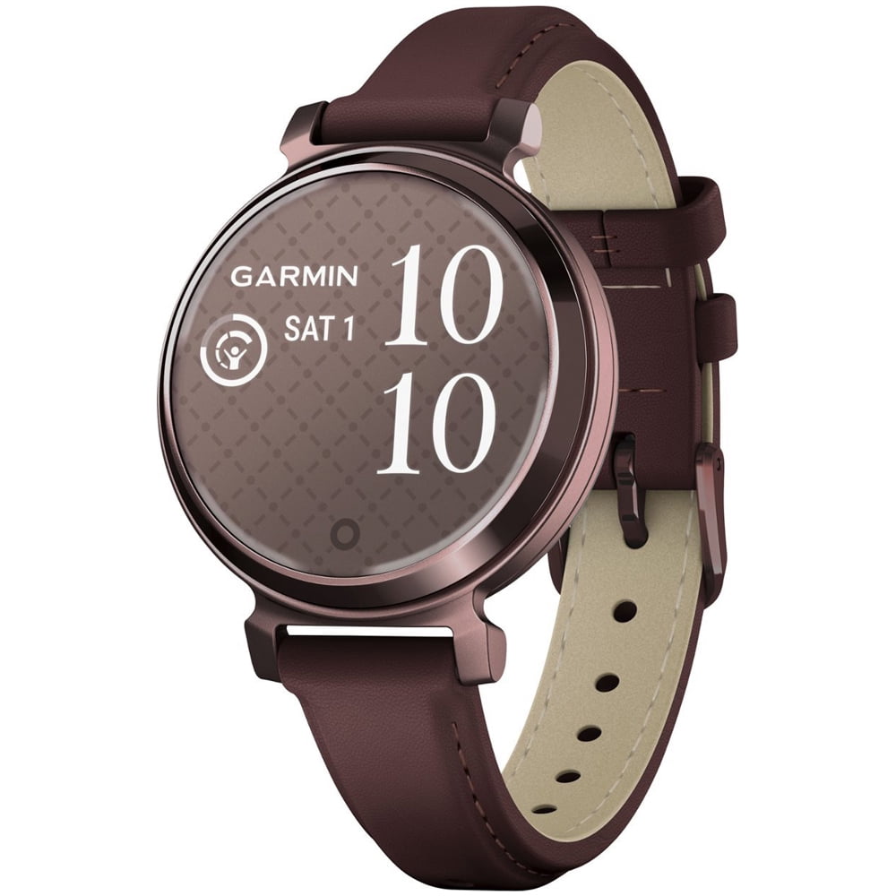 Garmin 010-02839-03 Lily 2 Classic Dark Bronze with Mulberry Leather Band Smartwatch Bundle with Sport Towel + Deco Essentials Wearable Commuter Front & Rear Safety Light| Official Garmin USA Dealer