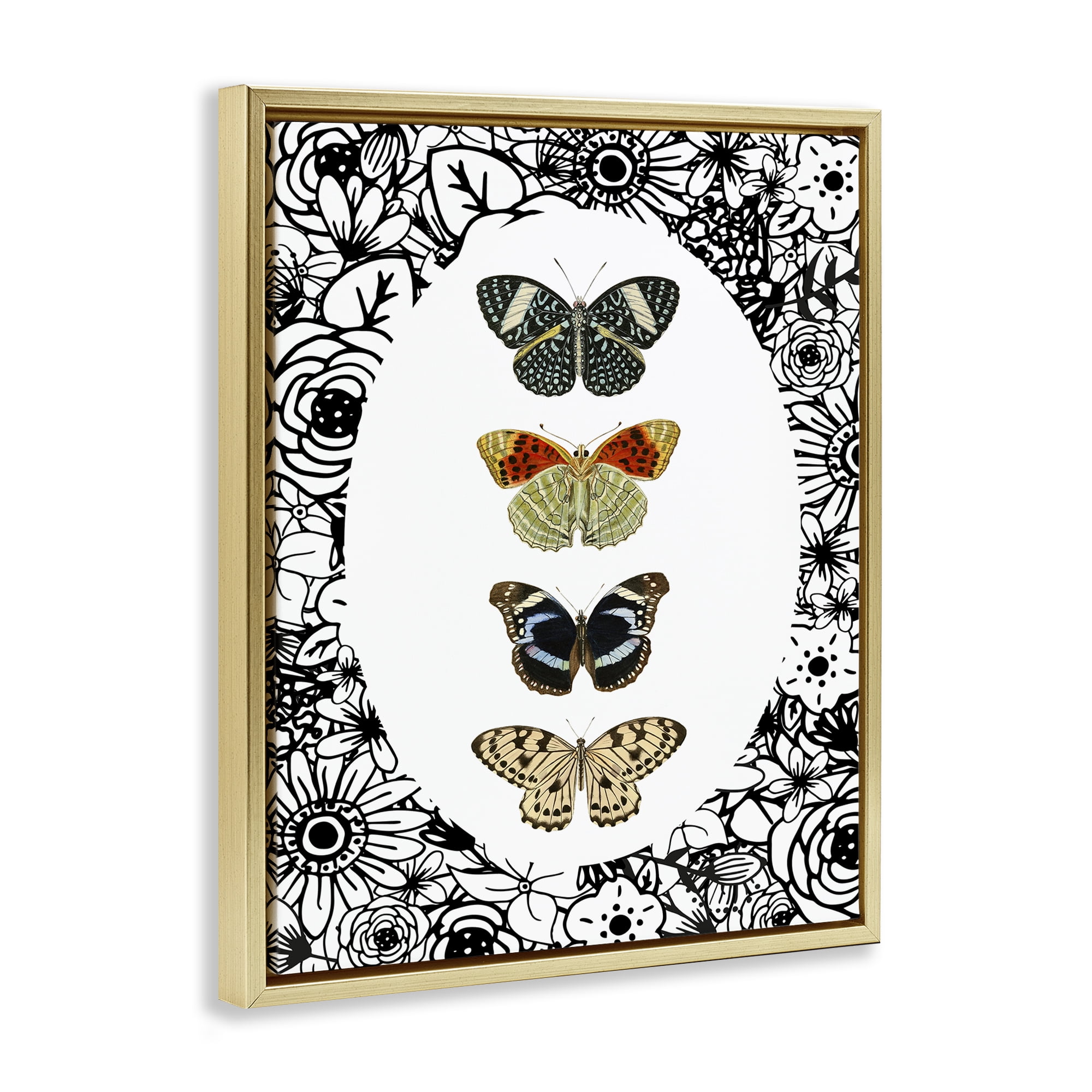 Stupell Industries Floral Butterfly Lineup Gold Framed Floater Canvas Wall Art, design by Dan Meneely