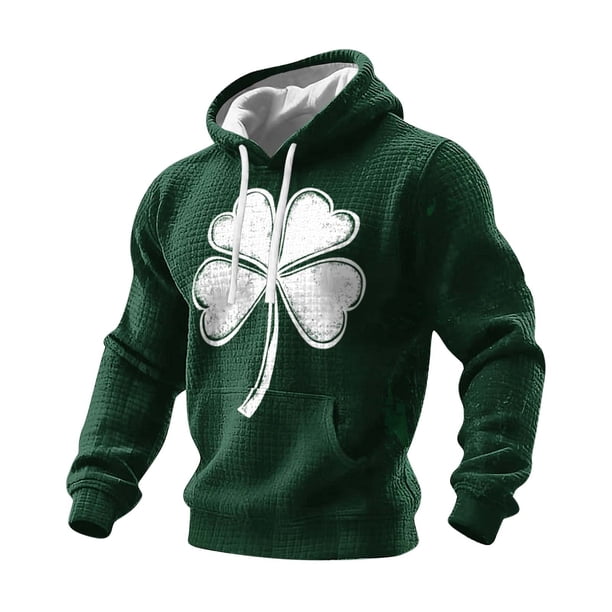 Ceisia Men's St. Patrick's Day Graphic Hoodie Casual Pullover | White-Outline Oversized Clover Distressed Dark Green Relaxed Hooded Top Gifts