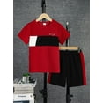 thumbnail image 3 of Mikrdoo 9-10Y Kid Boys Clothes Color Block Summer Short Sleeve Casual Tee Elastic Side Splicing Shorts 2Pcs Outfits Red, 3 of 8