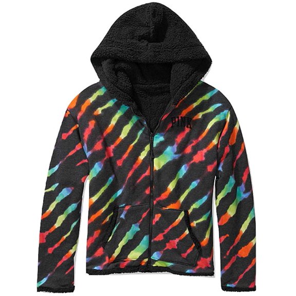 Victoria's Secret Pink Reversible Sherpa Lined Full Zip Hoodie Color Rainbow Tie Dye Small New