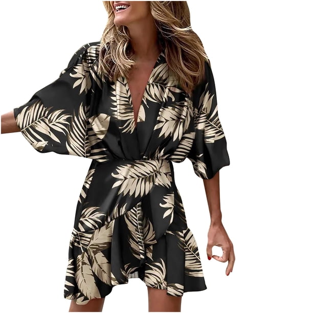 Mujeres sexy trompeta media manga con volantes dobladillo estampado irregular con cuello en v cintura mini vestidos con volantes Fridja yut6059