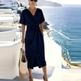 thumbnail image 5 of Wrap Dress For Women V Neck Short Sleeve Slit Solid Color Midi Dresses Casual Stylish Outfits With Pockets (3XL, Navy), 5 of 6