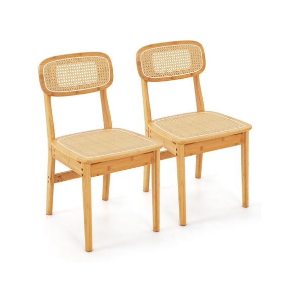 Set of 2 Rattan Dining Chairs, Natural Wood, Ergonomic Backrest, Sturdy Solid Wood Structure