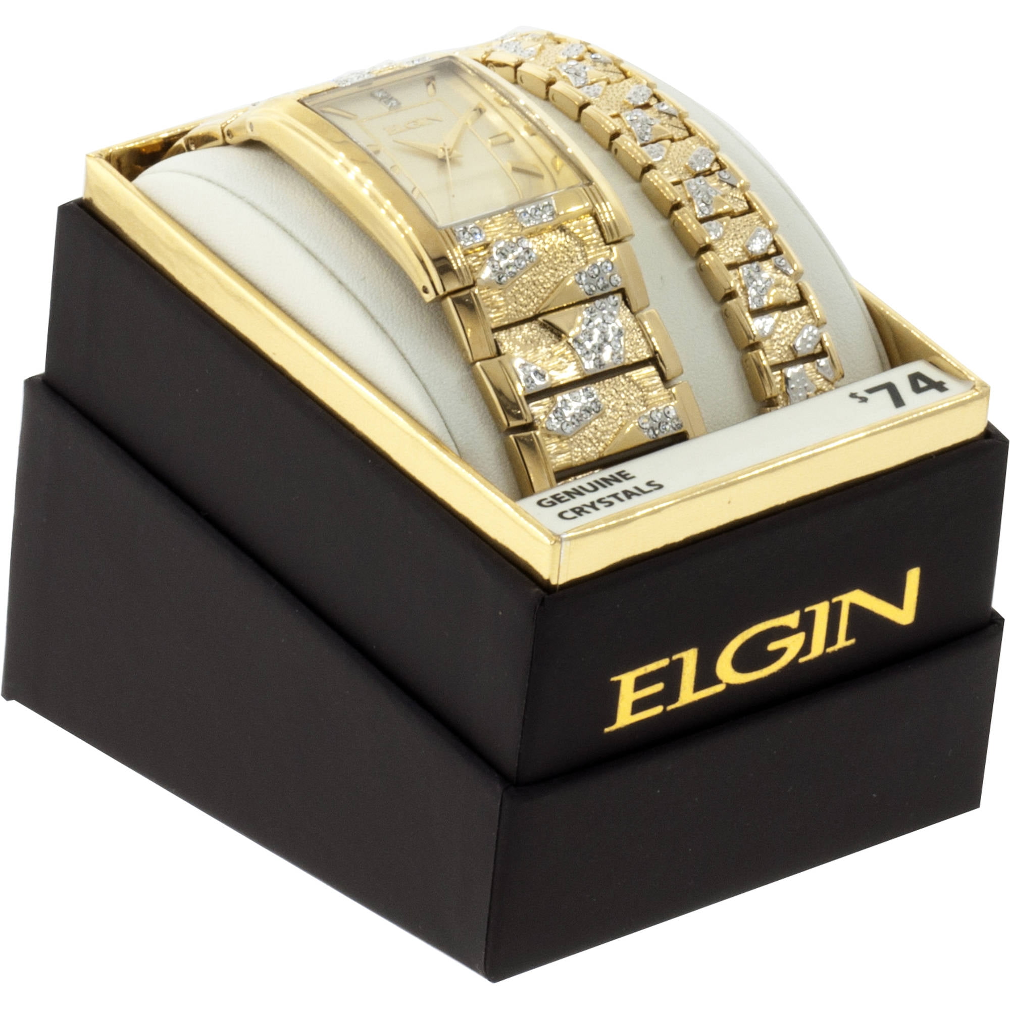 Elgin Adult Male Analog Watch and Bracelet Set in Gold Bark
