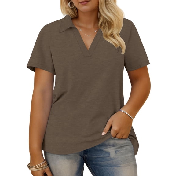 Cilsoka Summer Tops for Women Plus Size Collared V Neck Polo Shirts Flowy Tunics Trendy Short Sleeve Dressy Blouses
