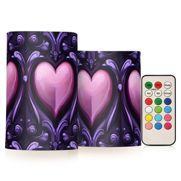 Shining Purple Heart Flickering Flameless Candles Battery Operated with Remote Timer LED Pillar Candles Set of 2