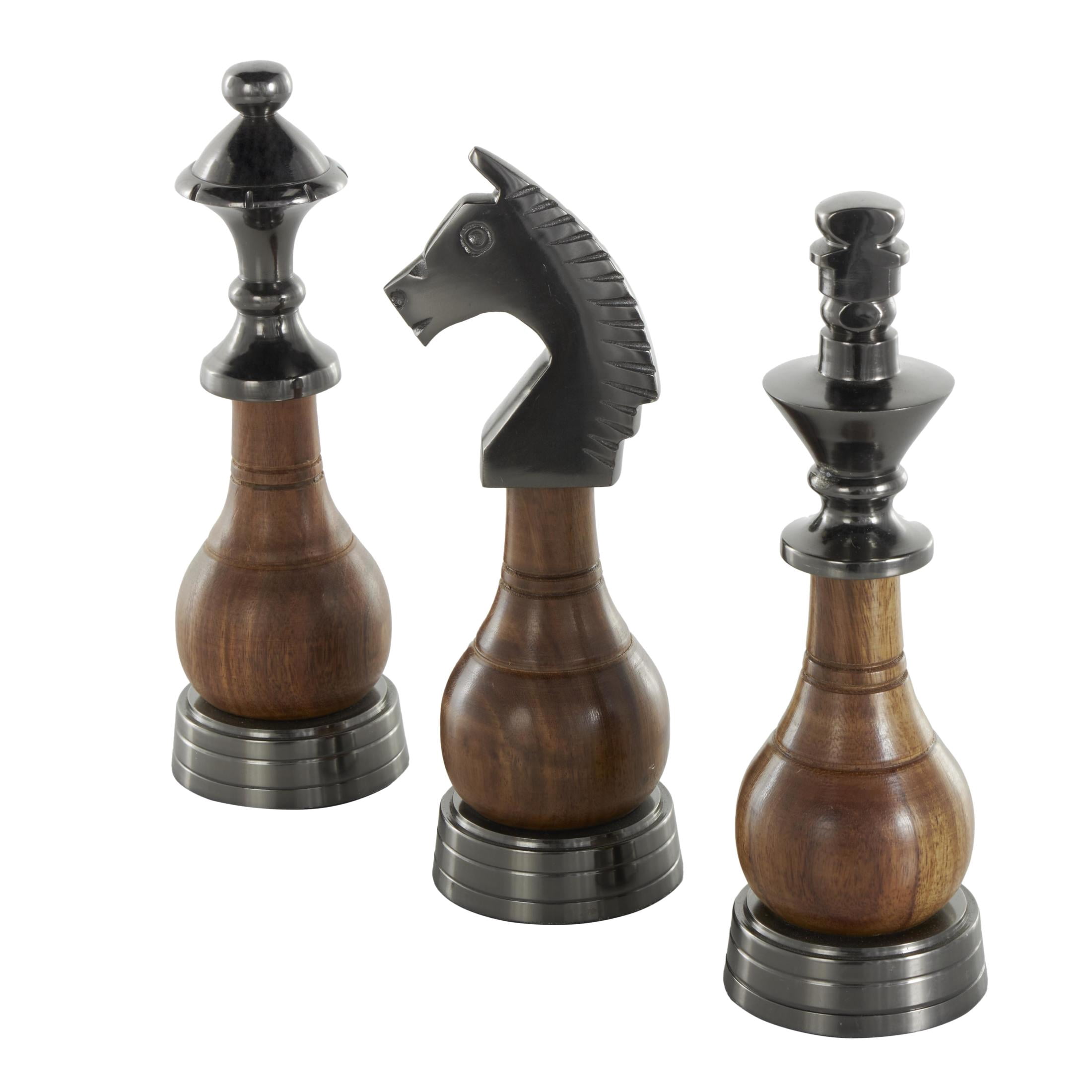 3"W, 9"H Dark Gray Aluminum Metal King, Queen, and Knight Chess Sculpture with Mango Wood Center, by DecMode (3 Count)