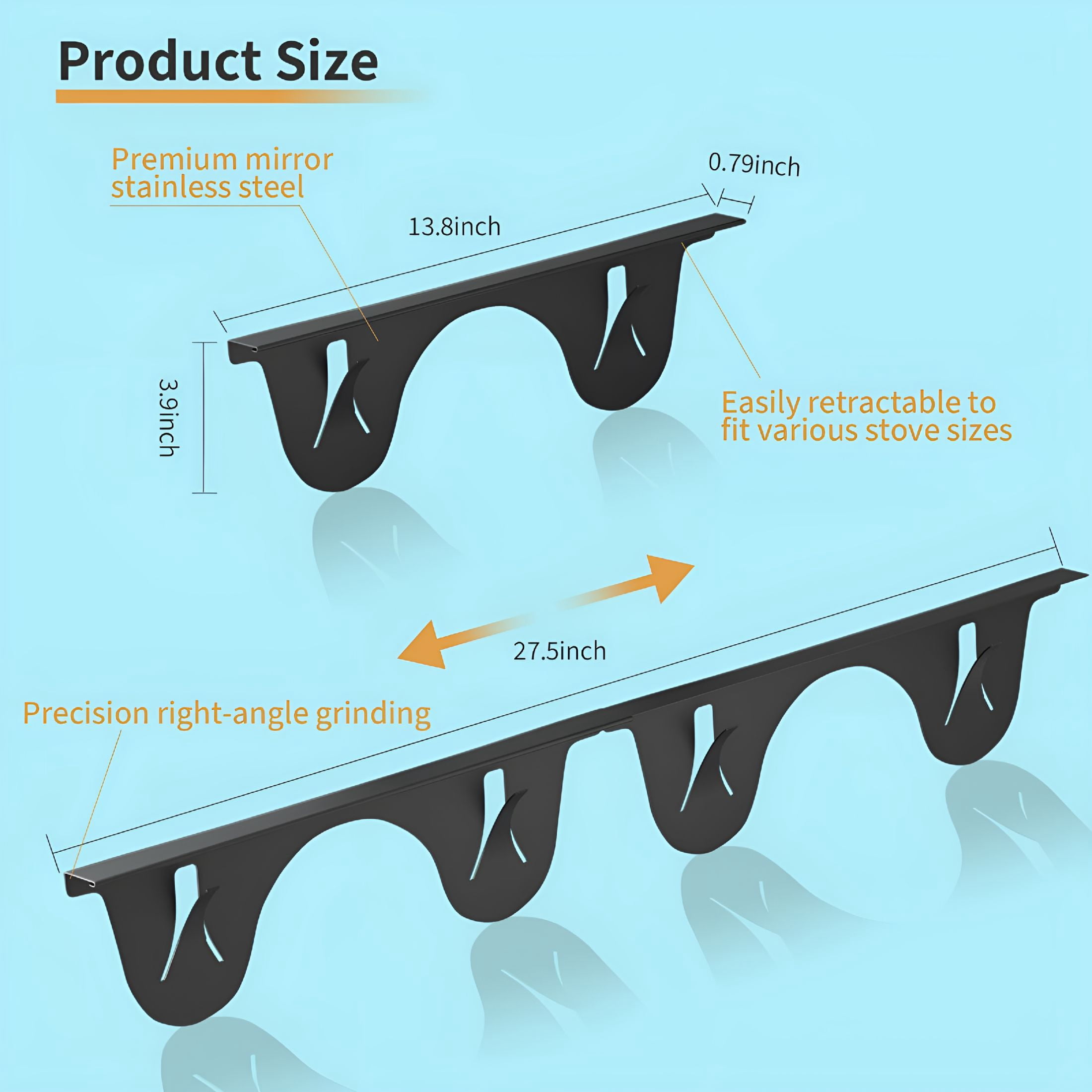HIBIBUD Stainless Steel Stove Gap Cover (2 Pack,Black),Stove Gap Filler for Kitchen,Range Trim Kit,Heat Resistant with Easy Clean,Adjustable Length 13.8″ to 27.5″