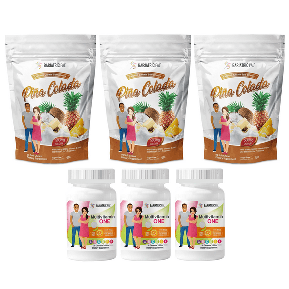 Gastric Bypass Complete Vitamin Pack - Chewables Size: 3-Month Supply, BariatricPal Multivitamin ONE: Orange Citrus Chewable - Iron Free, BariatricPal Calcium Citrate Soft Chews: Piña Colada