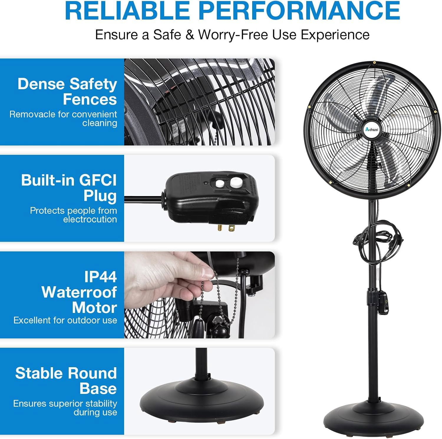 Achazel 18" Outdoor Pedestal Misting Fan with Oscillation, 3-Speed Adjustable Height, High Velocity Patio Cooling Waterproof Industrial Fan Outside