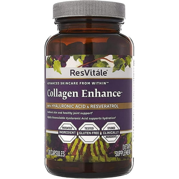ResVitale Collagen Enhance Anti Aging Skin Care Collagen Supplement - Hydrolyzed Collagen Peptides with Hyaluronic Acid and Resveratrol - Skin Food & Joint Support Collagen Capsules, 1000mg, 120 Caps