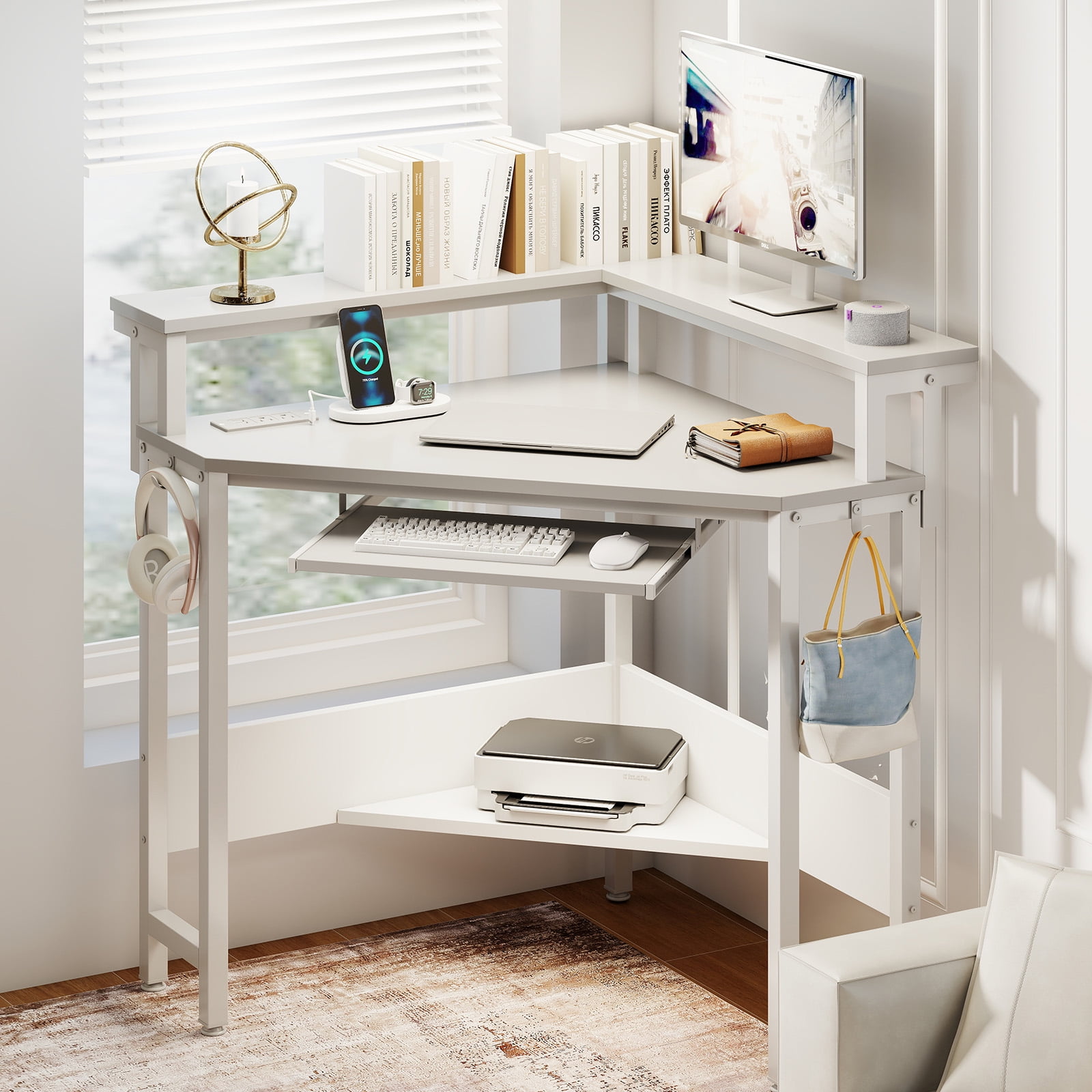 CONCETTA Coner Desk, L-Shaped Computer Desk with Power Outlets, LED Lights, Monitor Stand & Keyboard Tray, White